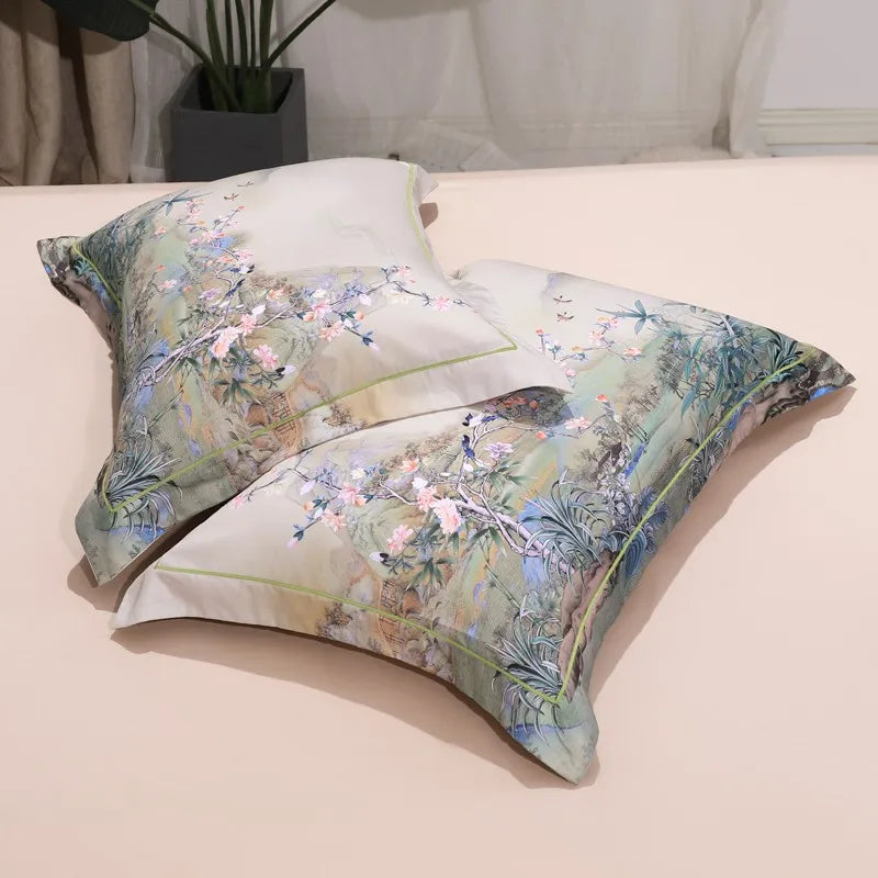 Natural scenery printed pillowcases on a cream sheet