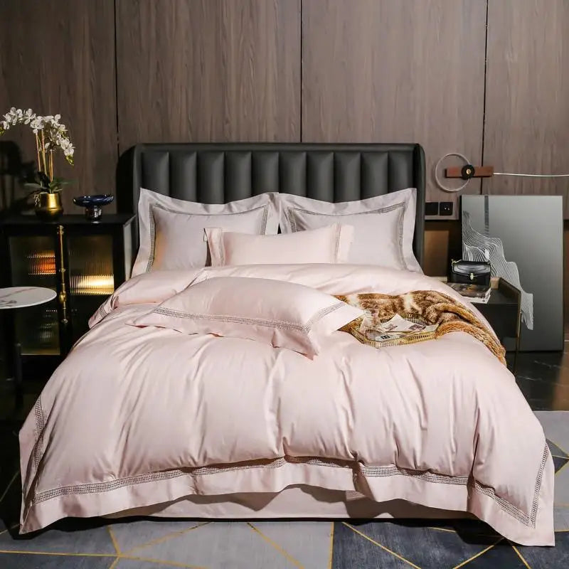 Plain Egyptian Cotton Bedding Set 1000TC | Ladder Trim in blush on a bed