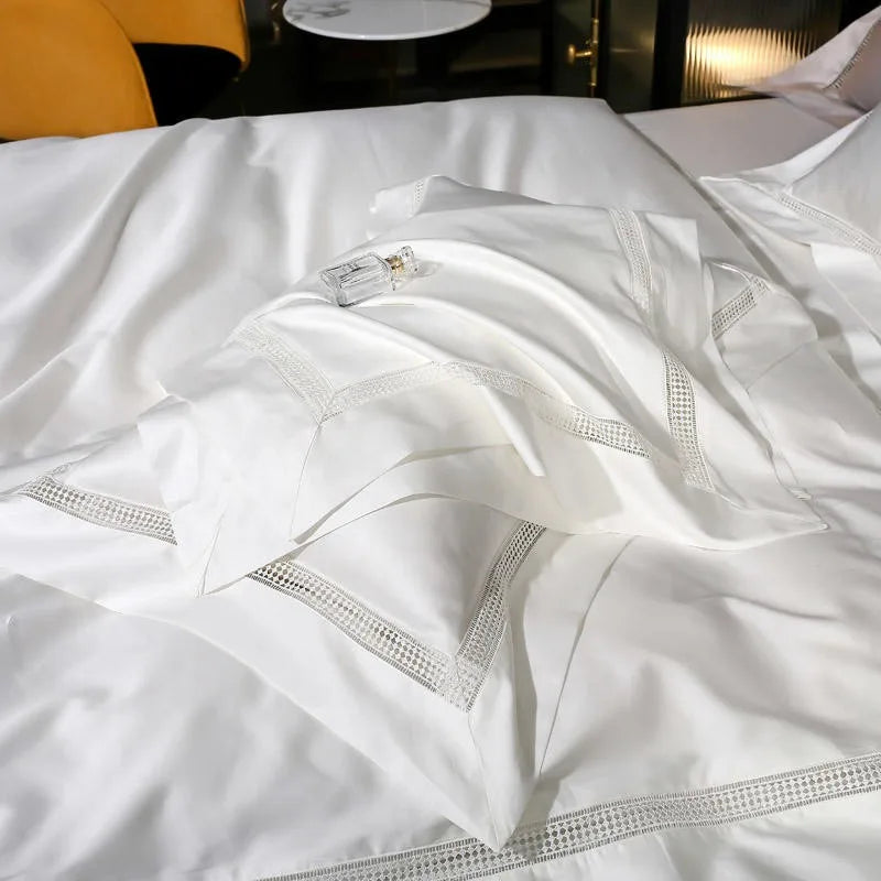 Plain Egyptian Cotton Bedding Set 1000TC | Ladder Trim white duvet cover and pillowcase close up