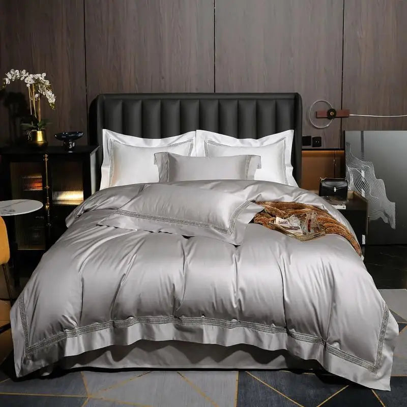 Plain Egyptian Cotton Bedding Set 1000TC | Ladder Trim in silver grey on a bed