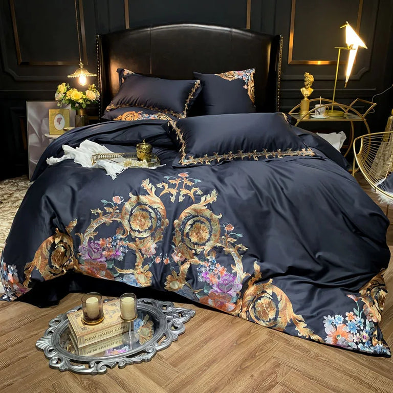 Baroque embroidery on the navy duvet cover with pillowcases and gold accessories