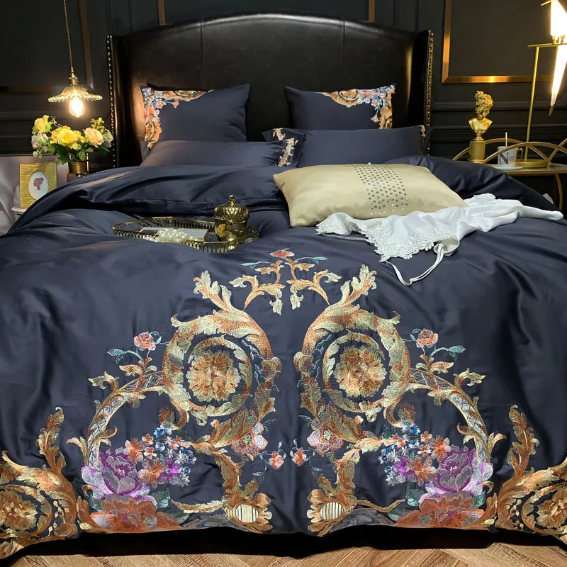 Embroidered Egyptian Cotton Bedding Set 600TC | Midnight Baroque - Egyptian Bedding