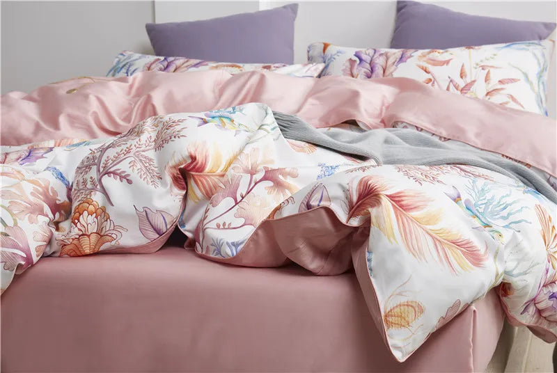 Side view of the coral and shell print duvet cover