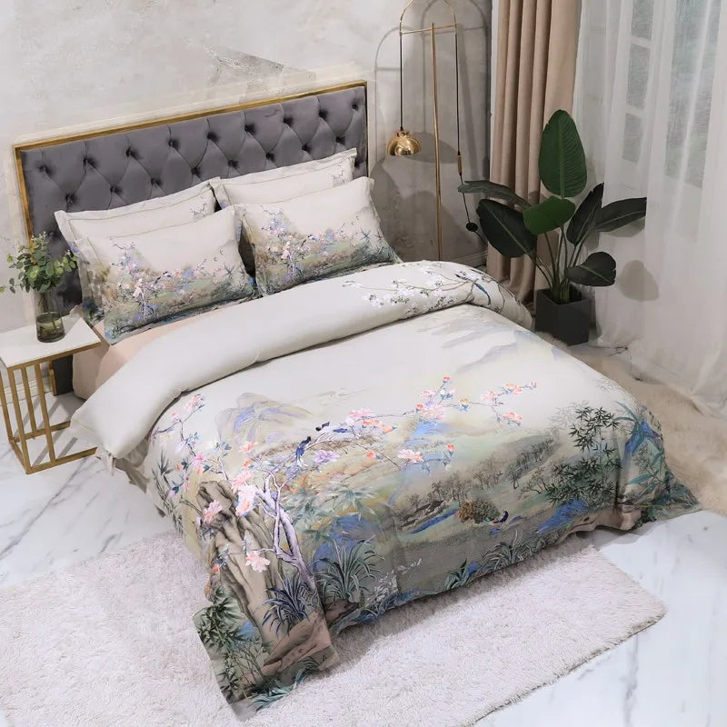 Natural scenery duvet cover and pillowcases styled in a bedroom