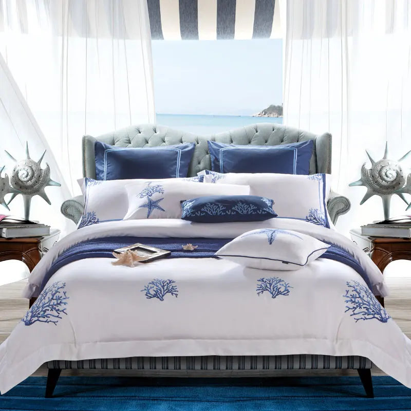 Embroidered Egyptian Cotton Bedding Set 600TC | Blue Coral - Egyptian Bedding