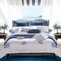 Embroidered Egyptian Cotton Bedding Set 600TC | Blue Coral