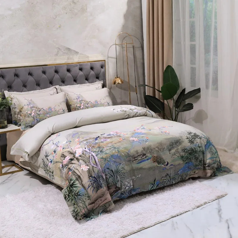 Side view of the natural scenery bedding set with soft garden print