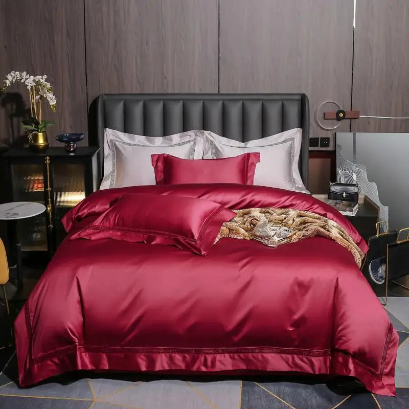 Plain Egyptian Cotton Bedding Set 1000TC | Ladder Trim in ruby red on a bed