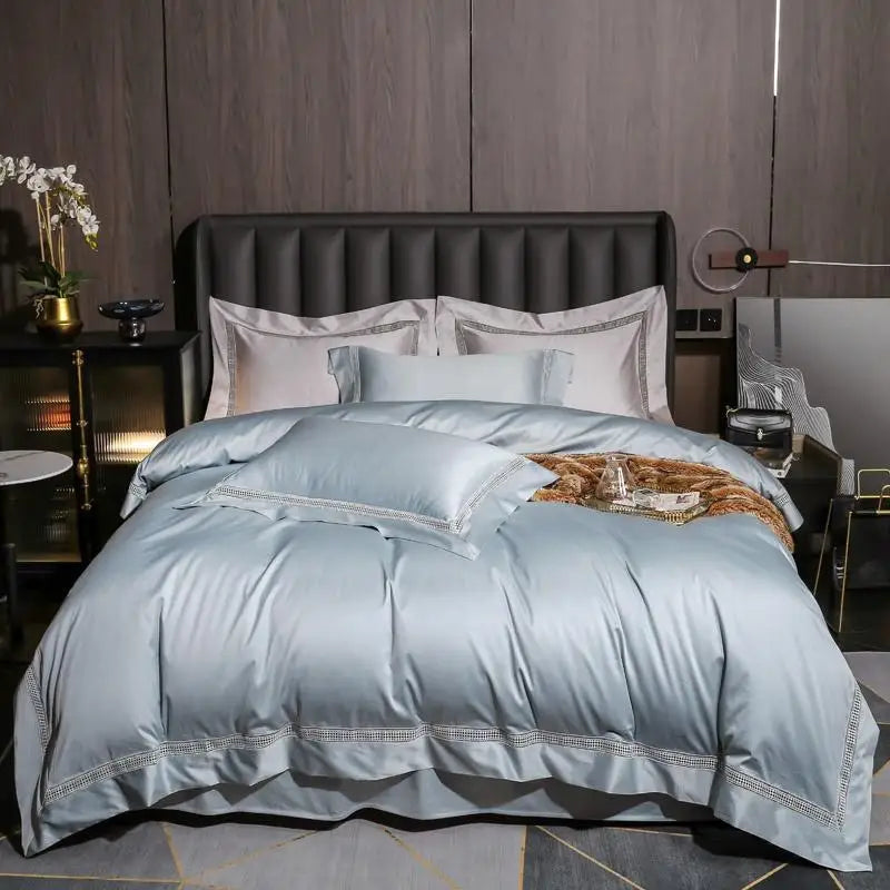 Plain Egyptian Cotton Bedding Set 1000TC | Ladder Trim in ice blue on a bed