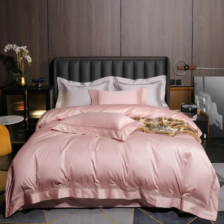 Plain Egyptian Cotton Bedding Set 1000TC | Ladder Trim in rose pink on a bed
