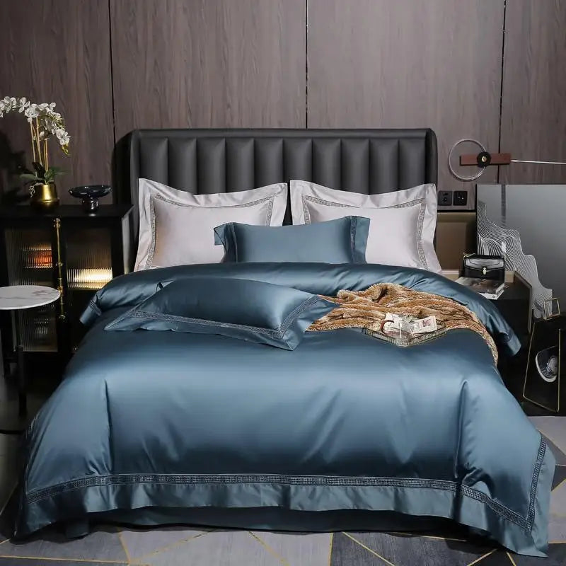 Plain Egyptian Cotton Bedding Set 1000TC | Ladder Trim in steel blue on a bed