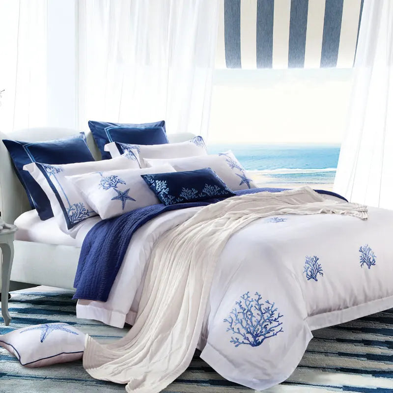 Embroidered Egyptian Cotton Bedding Set 600TC | Blue Coral - Egyptian Bedding