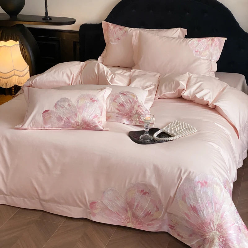 Pink embroidered flower Egyptian cotton bedding set