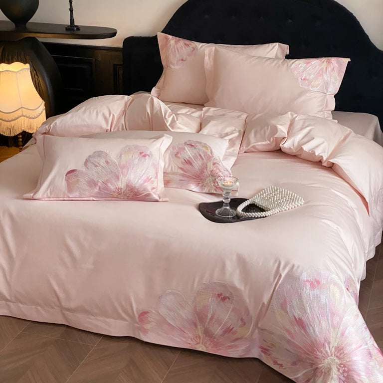 Pink embroidered flower Egyptian cotton bedding set