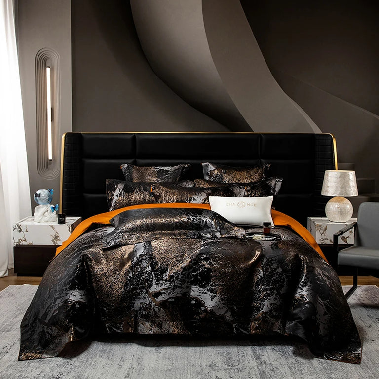 Black gold marble jacquard bedding set