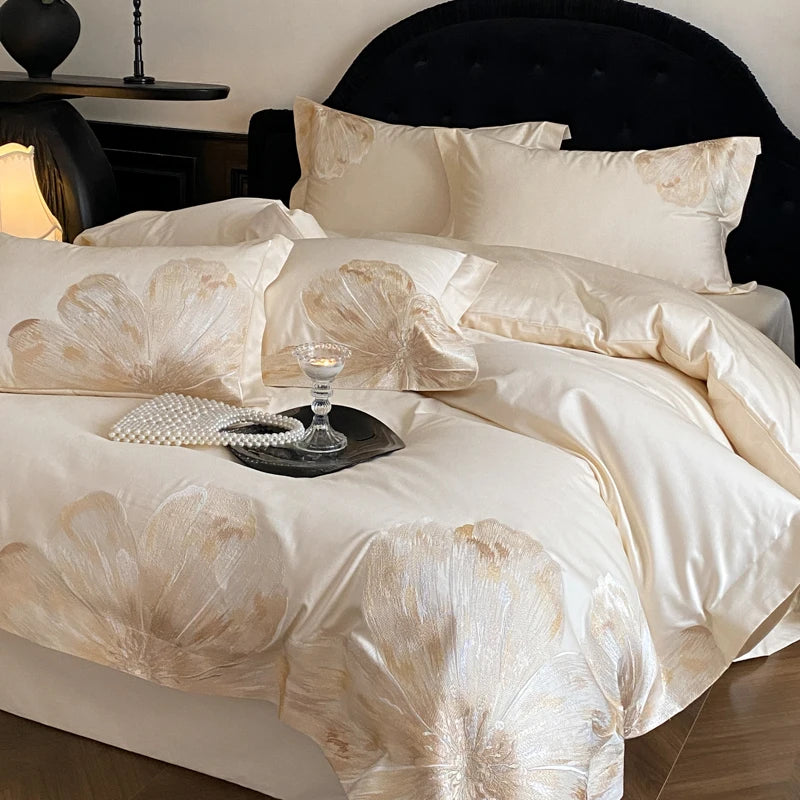 Cream gold embroidered flower Egyptian cotton bedding set