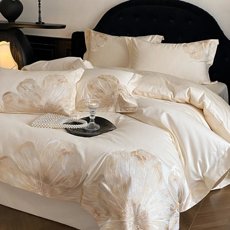 Cream gold embroidered flower Egyptian cotton bedding set