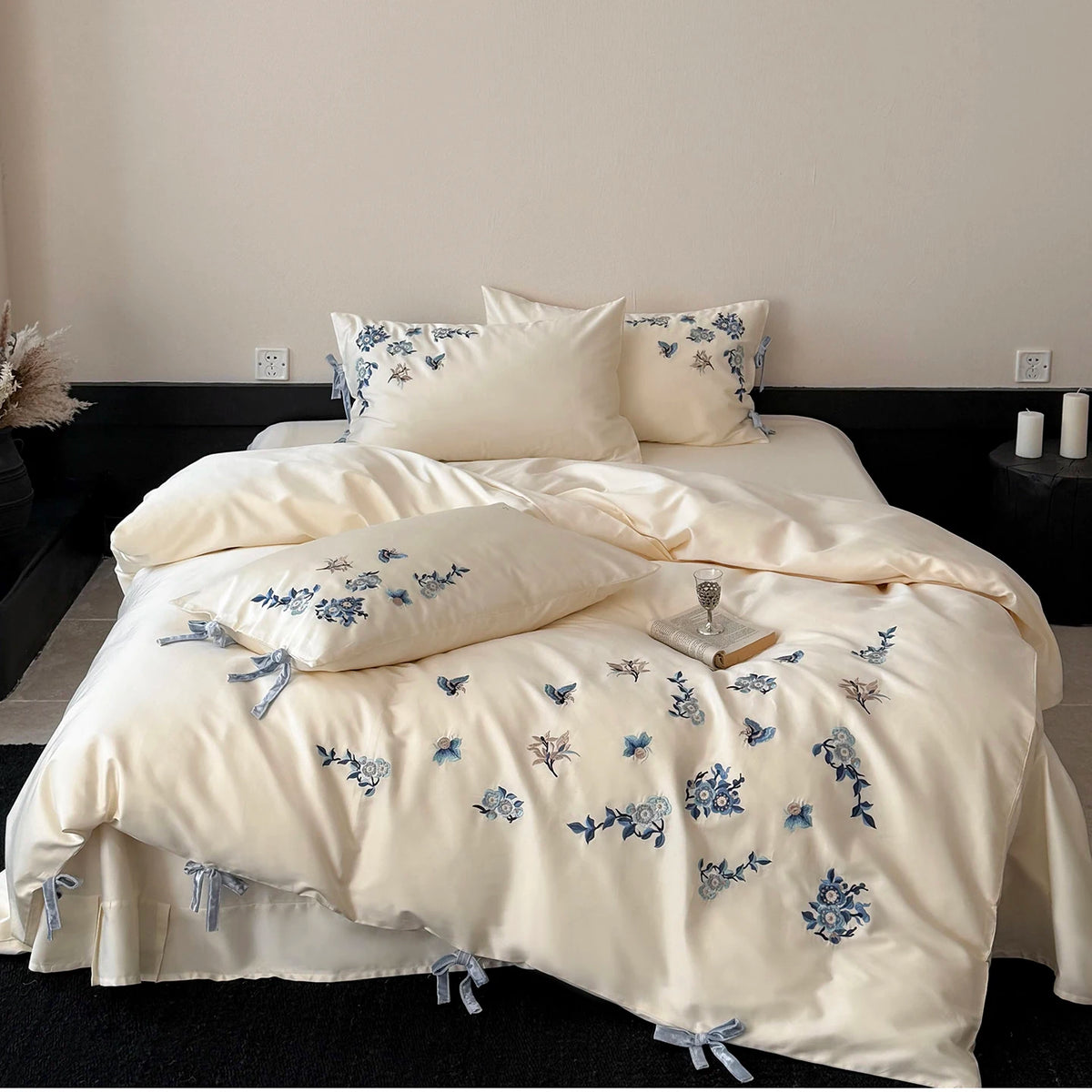 Embroidered Egyptian Cotton Bedding Set | Blue Bloom on double bed