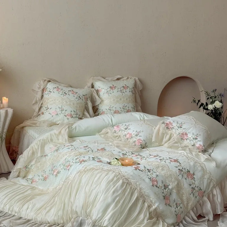 Embroidered Egyptian Cotton Bedding Set 1200TC | Rose Ruffle