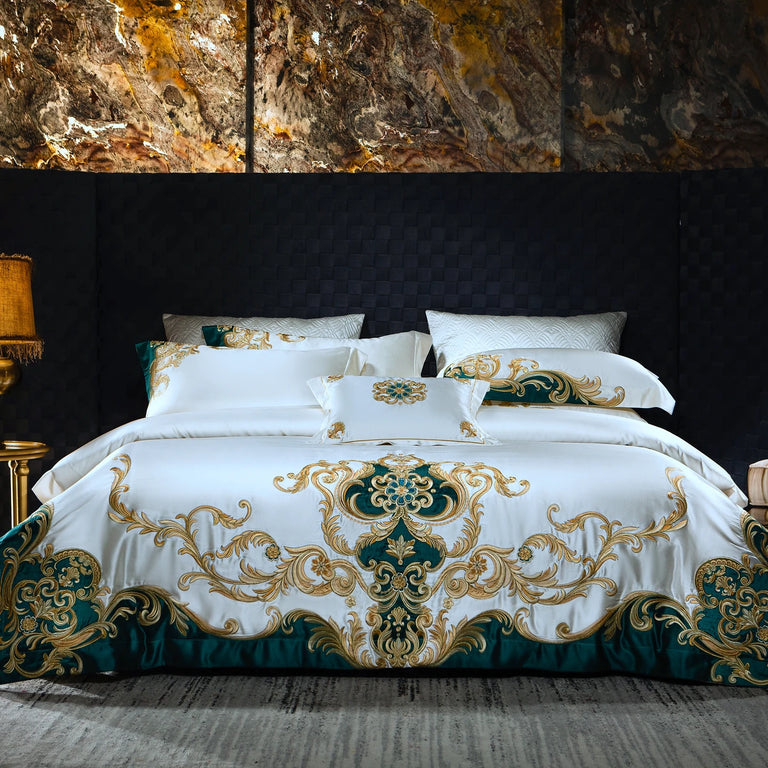 Ivory bedding set with gold baroque embroidery and teal trim