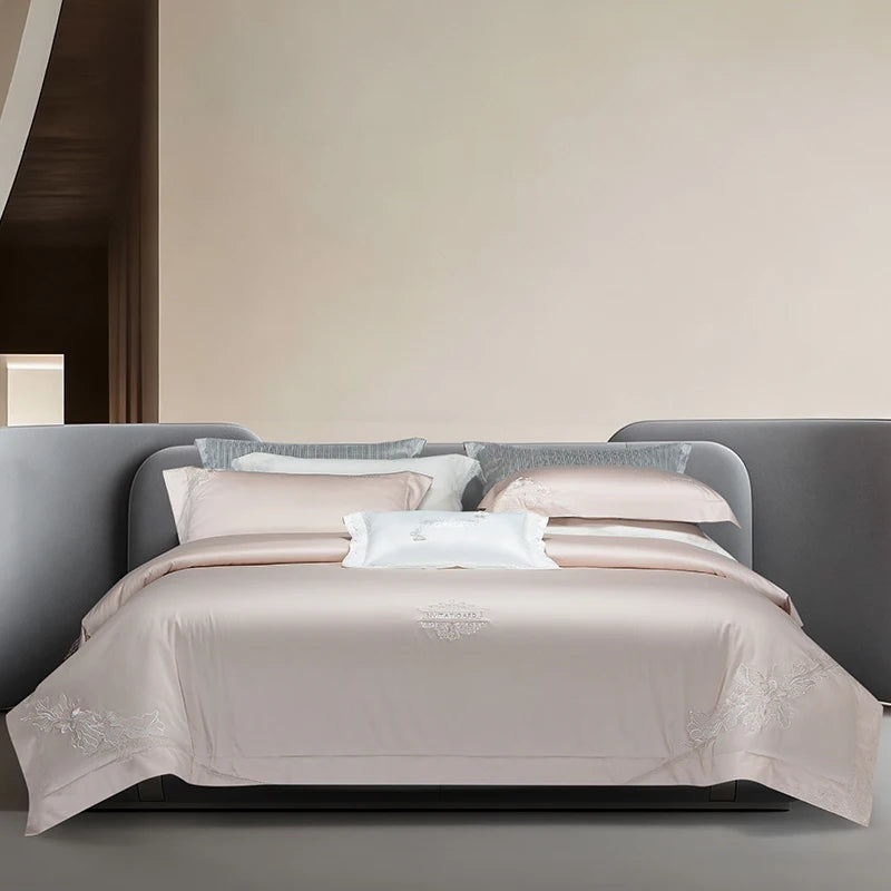 Blush bedding set with silver floral embroidery