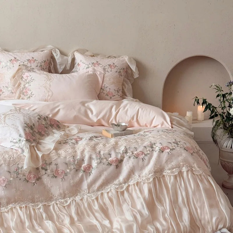 Embroidered Egyptian Cotton Bedding Set 1200TC | Rose Ruffle Pink