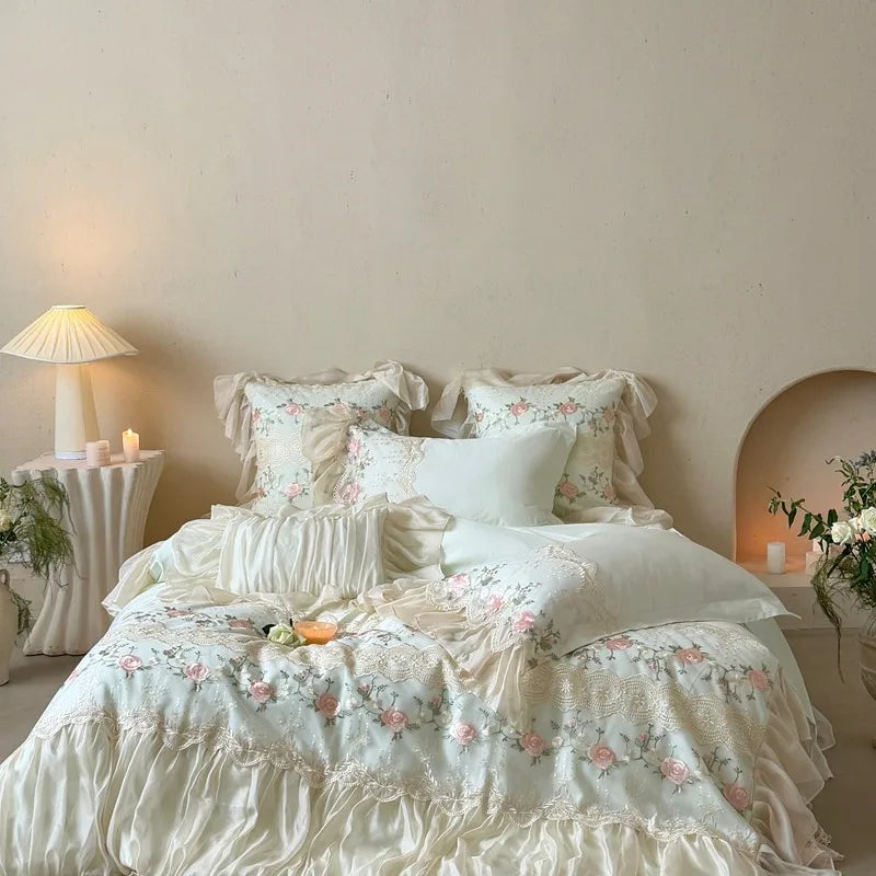 Embroidered Egyptian Cotton Bedding Set 1200TC | Rose Ruffle - Egyptian Bedding