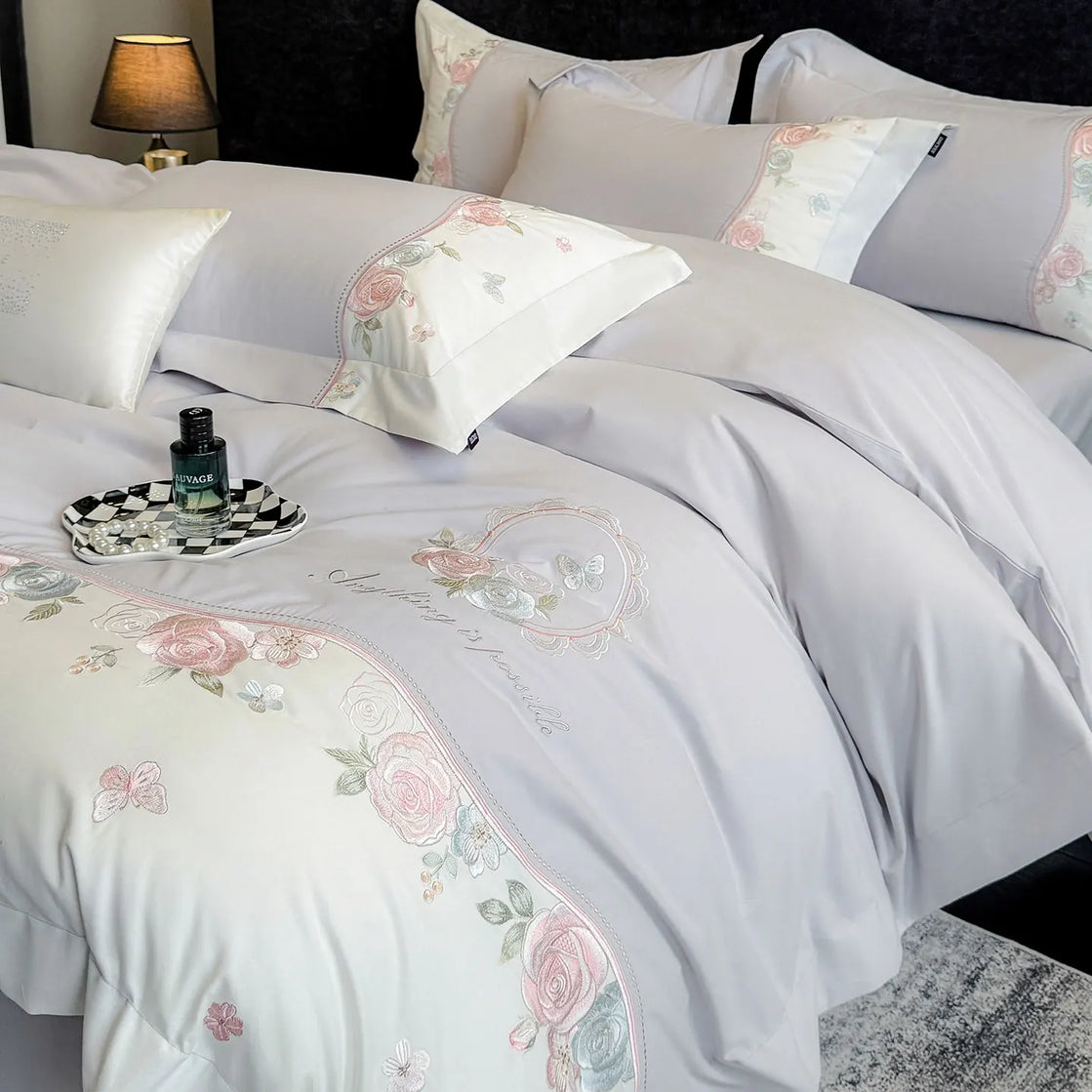Embroidered Cotton Bedding Set 1000TC | Rose Garland - Egyptian Bedding