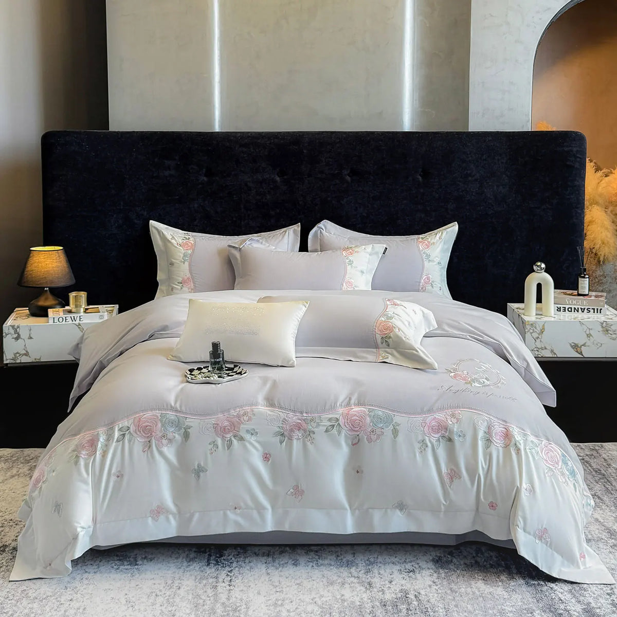 Embroidered Cotton Bedding Set 1000TC | Rose Garland - Egyptian Bedding