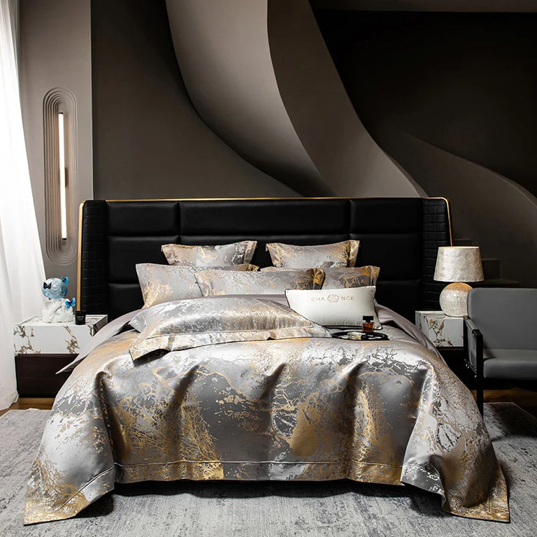 Silver and gold marble jacquard bedding set on a bed