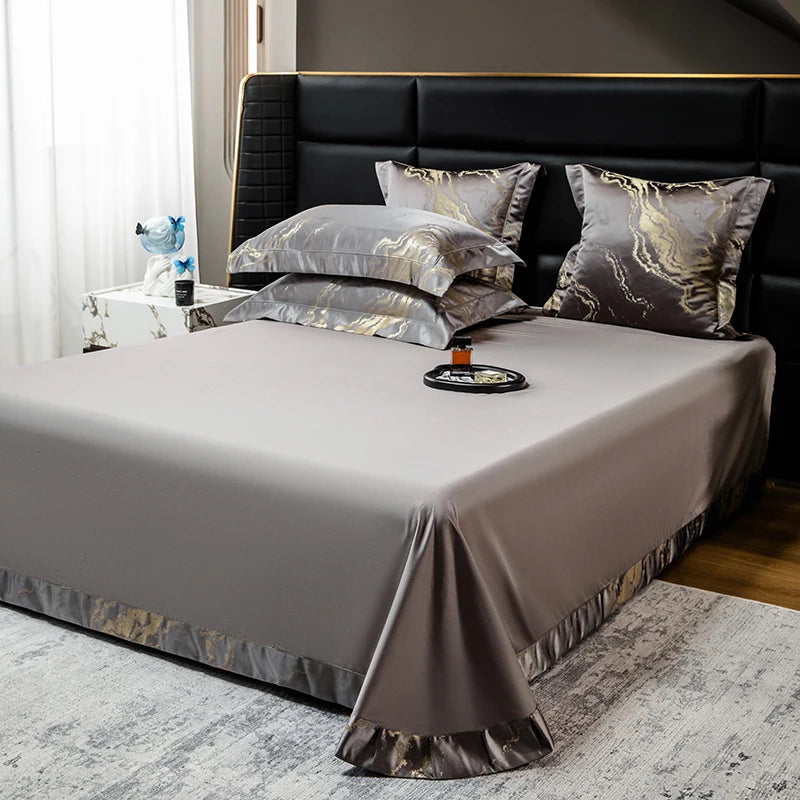 Grey and gold marble jacquard bedding set with flat sheet