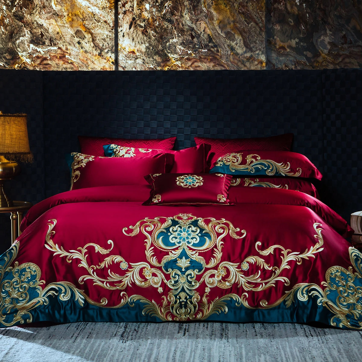 Burgundy bedding set with gold baroque embroidery