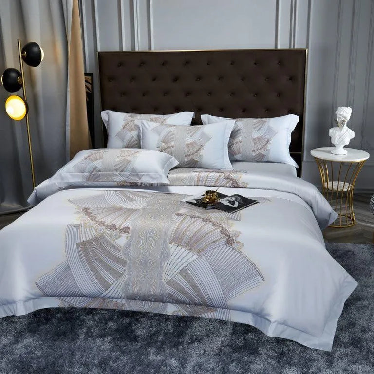 Front view of the silver fan print bedding set