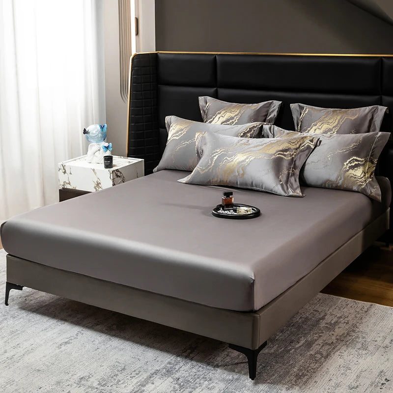 Grey fitted sheet with gold marble pillowcases