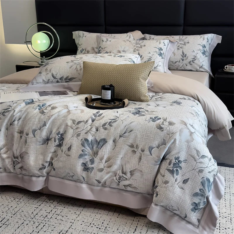Blue grey leaf print cotton bedding set on a bed