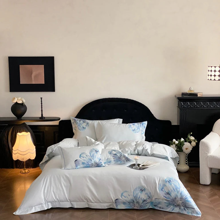 Full bed view of the Morning Petal bedding set