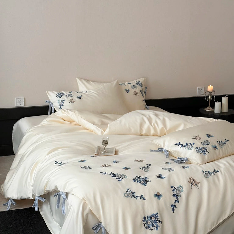 Embroidered Egyptian Cotton Bedding Set | Blue Bloom blue flower embroidery