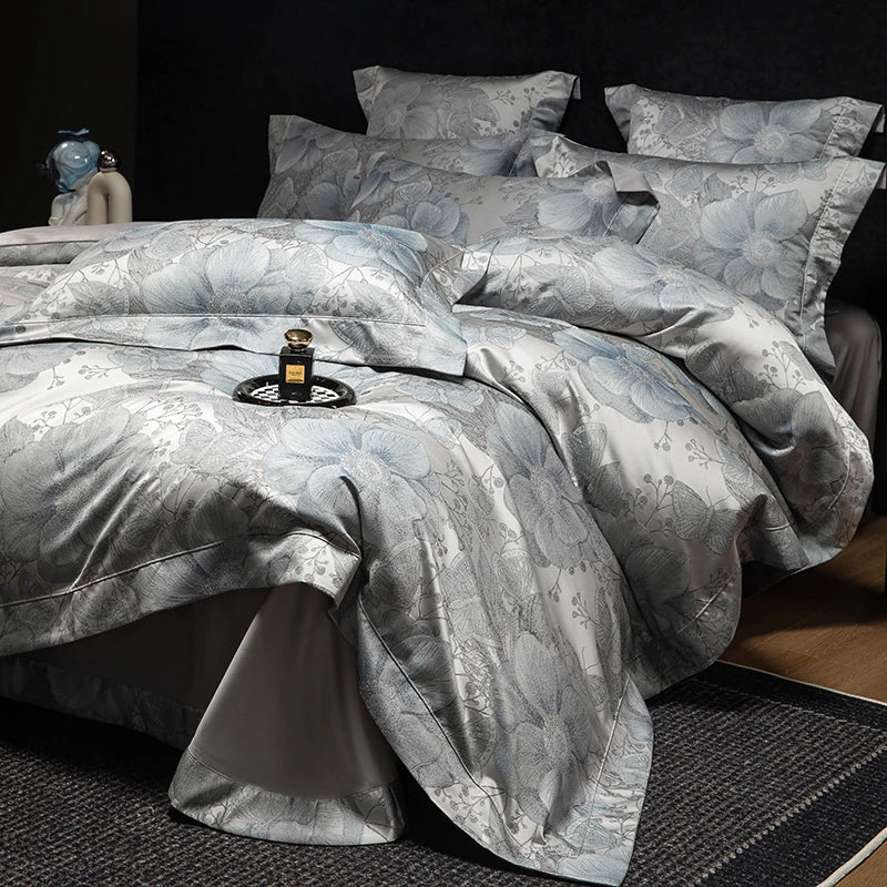 Jacquard Egyptian Cotton Bedding Set 1200TC | Grand Bloom Silver Blue