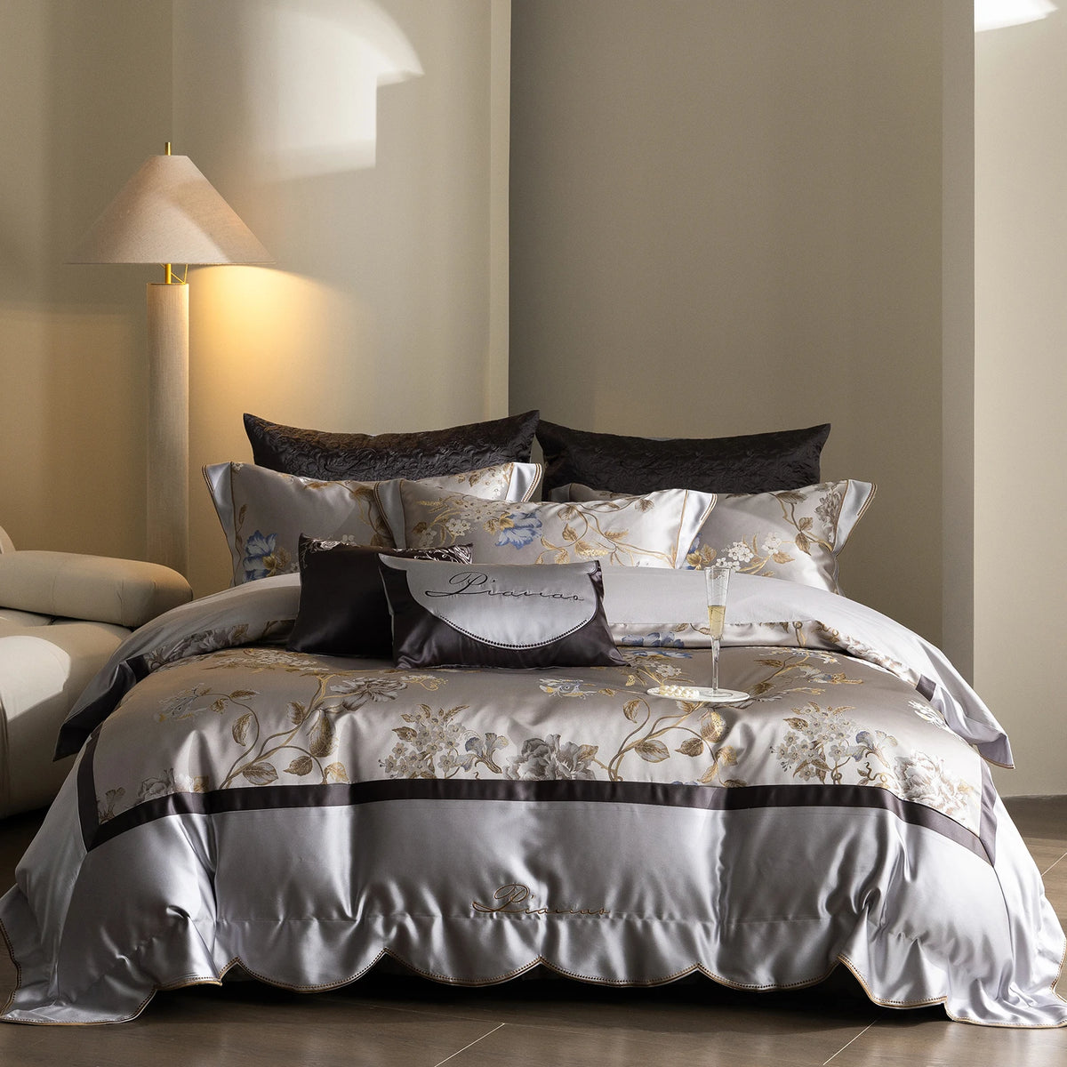Silver grey satin bedding set with embroidered flowers