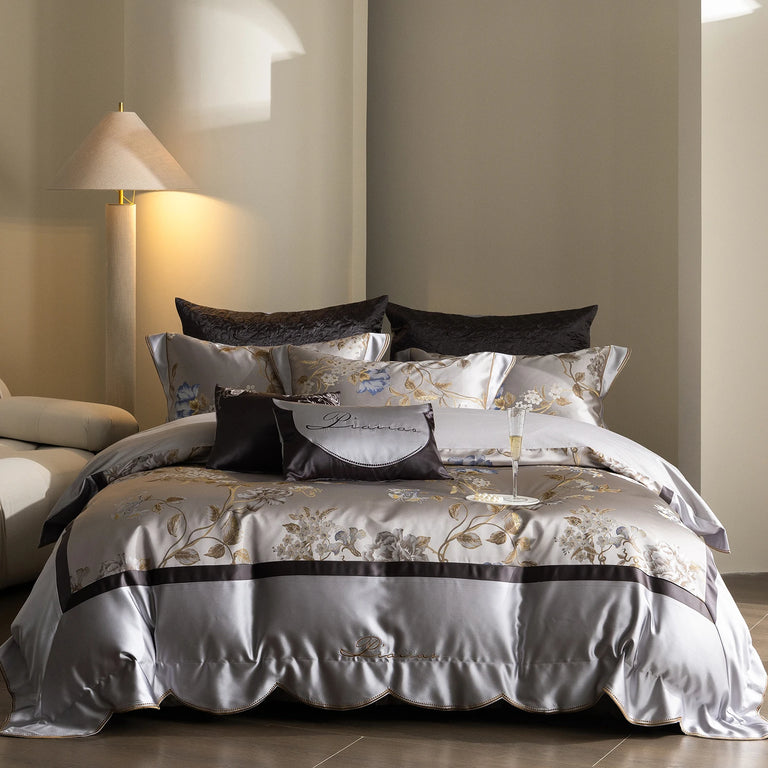 Silver grey satin bedding set with embroidered flowers