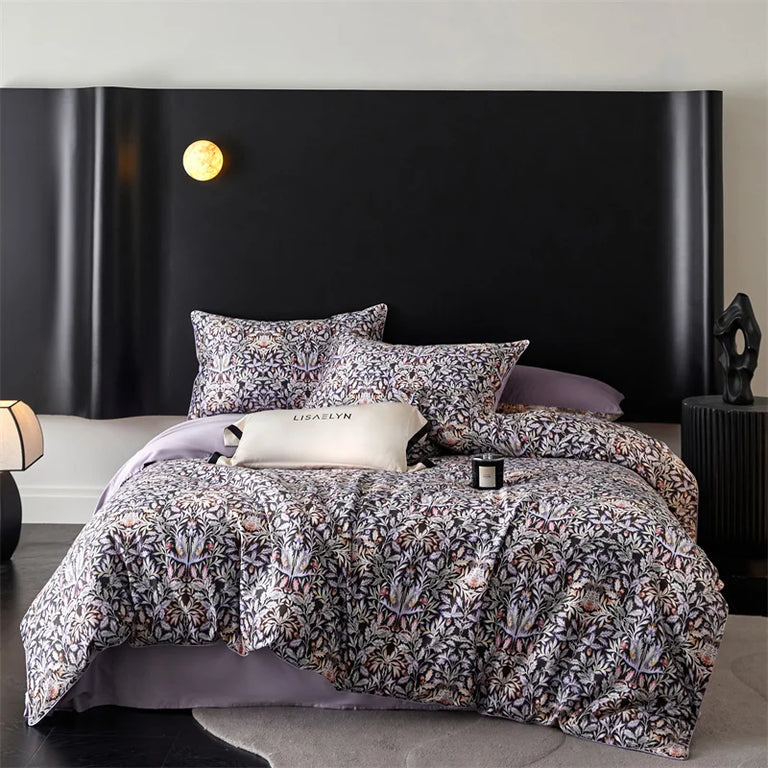 Printed Egyptian Cotton Bedding Set | Midnight Floral on double bed