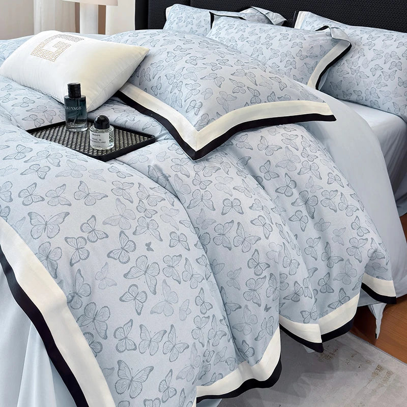 Close up of the butterfly print on brushed cotton