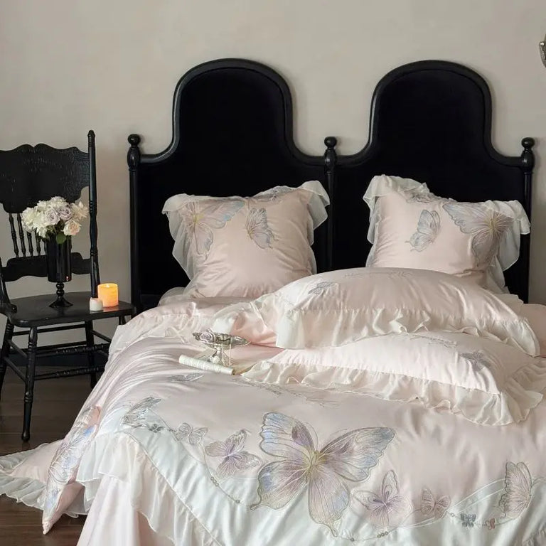 Butterfly Lace bedding set styled on a bed