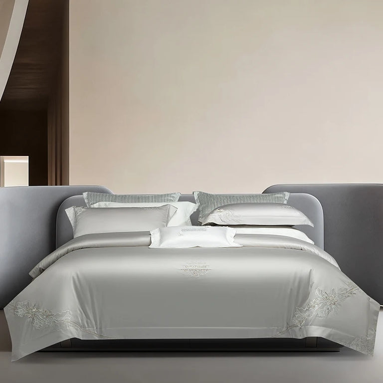 Grey bedding set with silver floral embroidery