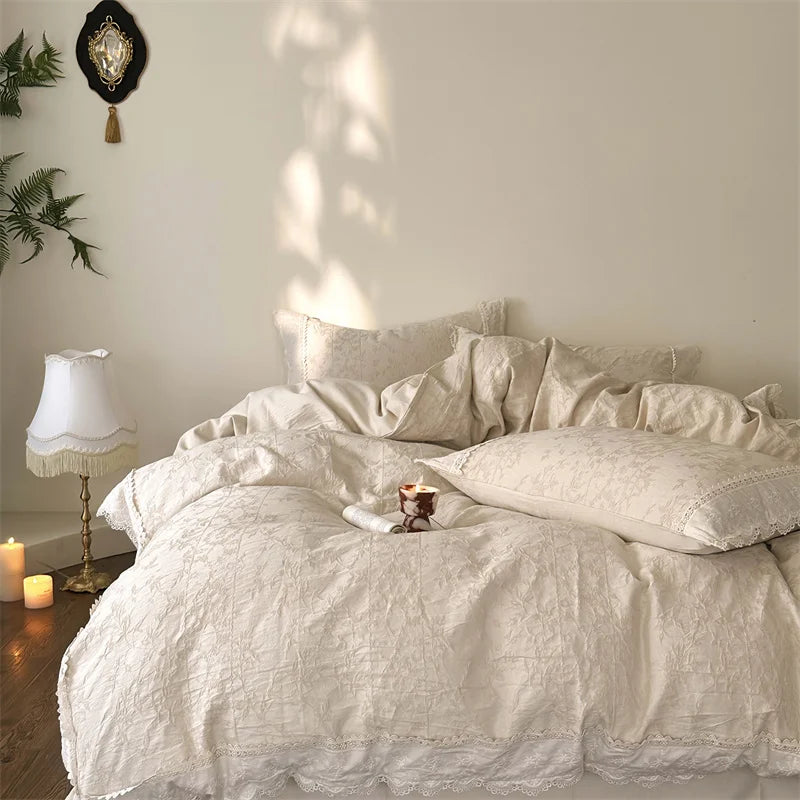 Cream cotton linen jacquard bedding set with lace edge