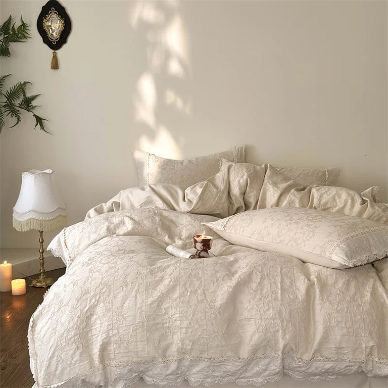 Cream cotton linen jacquard bedding set with lace edge
