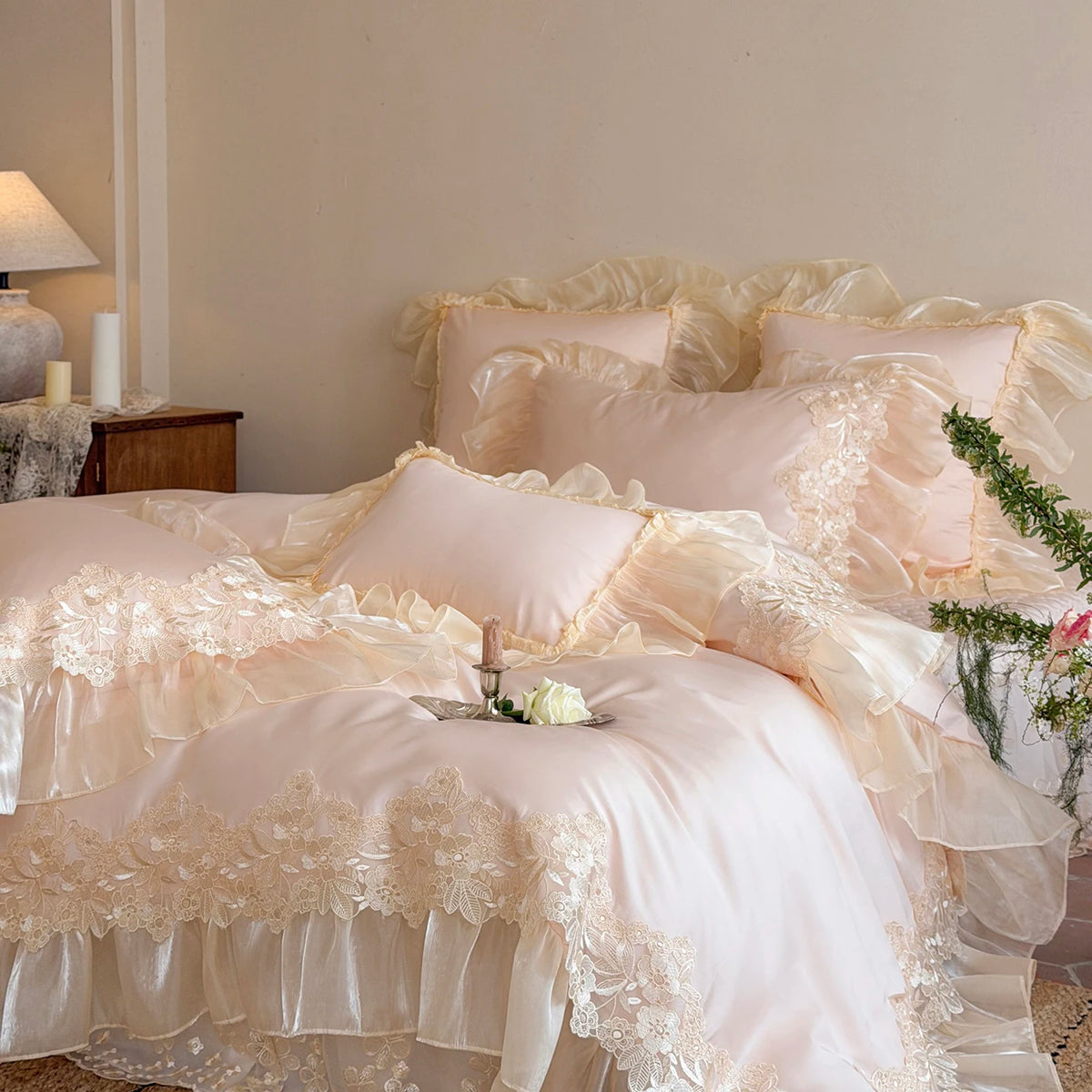 Lace Egyptian Cotton Bedding Set 900TC | Bridal Lace Pink