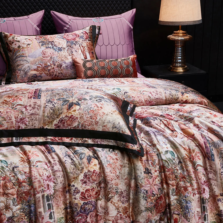 Close up of the rose print pillowcase with black trim