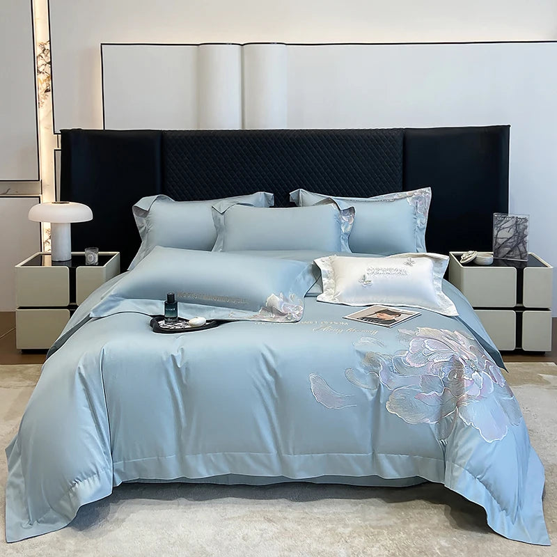 Blue bedding set with an embroidered peony