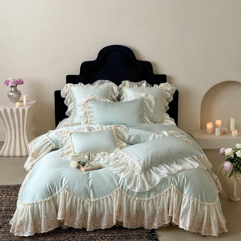 Mint Egyptian cotton lace bedding set with cream ruffles